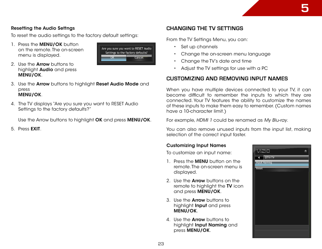 Vizio E321VT specifications Changing the TV Settings, Customizing and Removing Input Names 