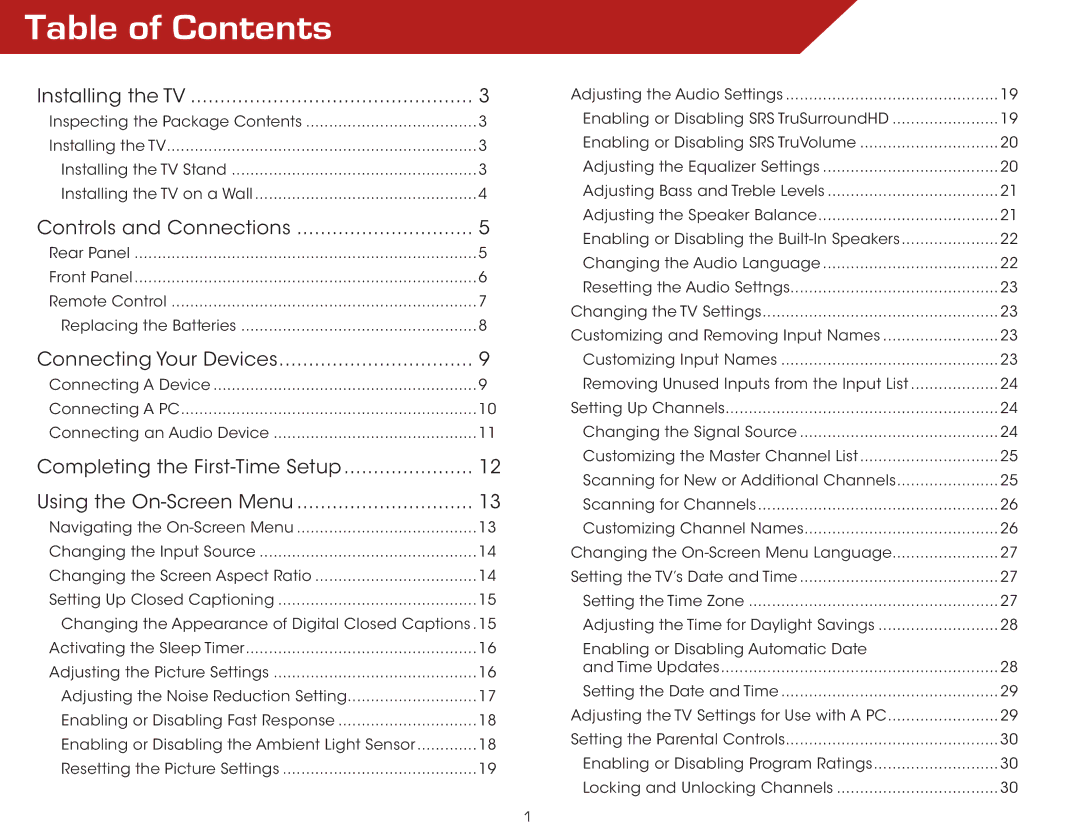 Vizio E321VT specifications Table of Contents 