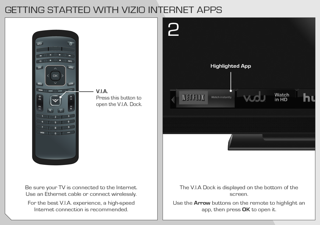 Vizio E322AR quick start Getting Started With Vizio Internet Apps, For the best V.I.A. experience, a high-speed 
