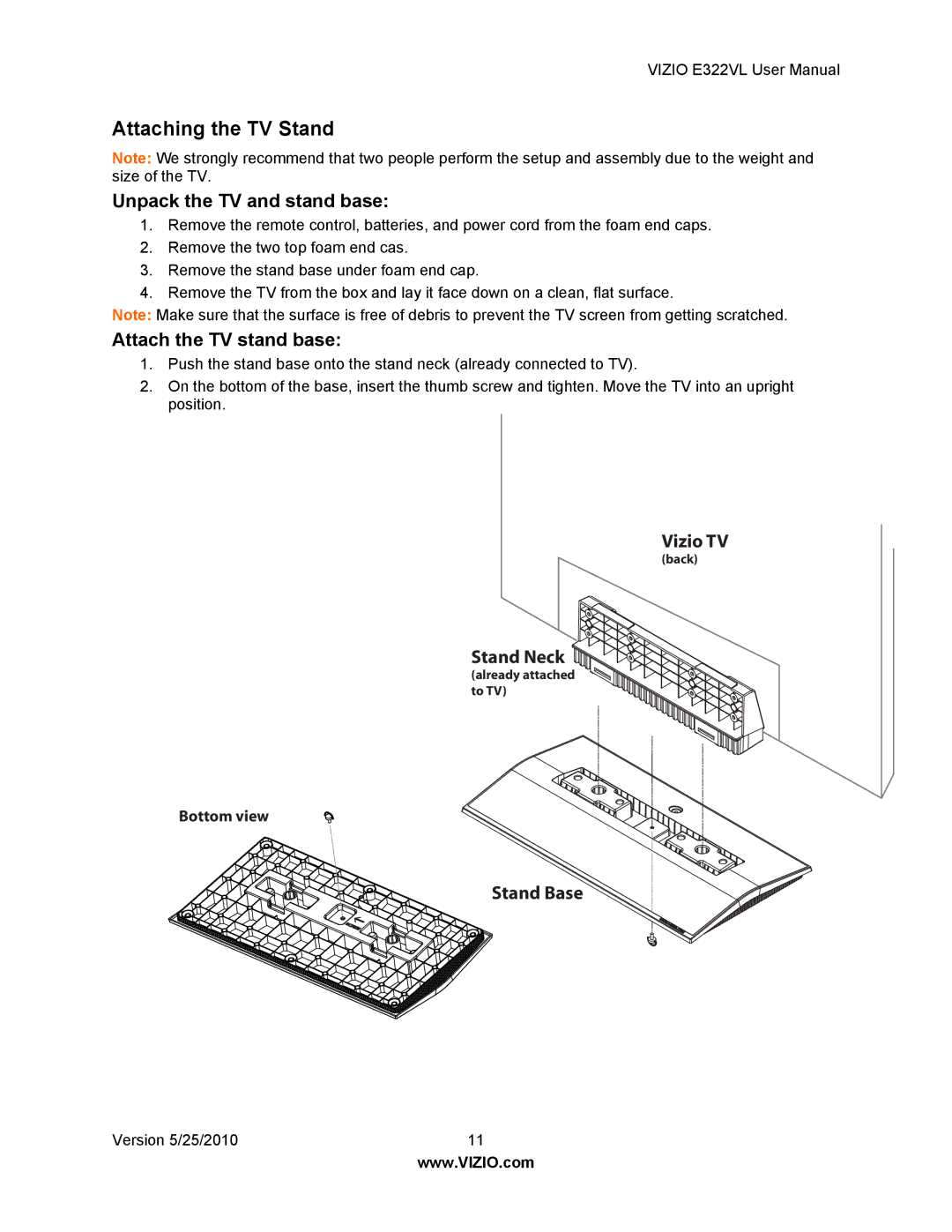 Vizio E322VL manual Attaching the TV Stand, Unpack the TV and stand base 