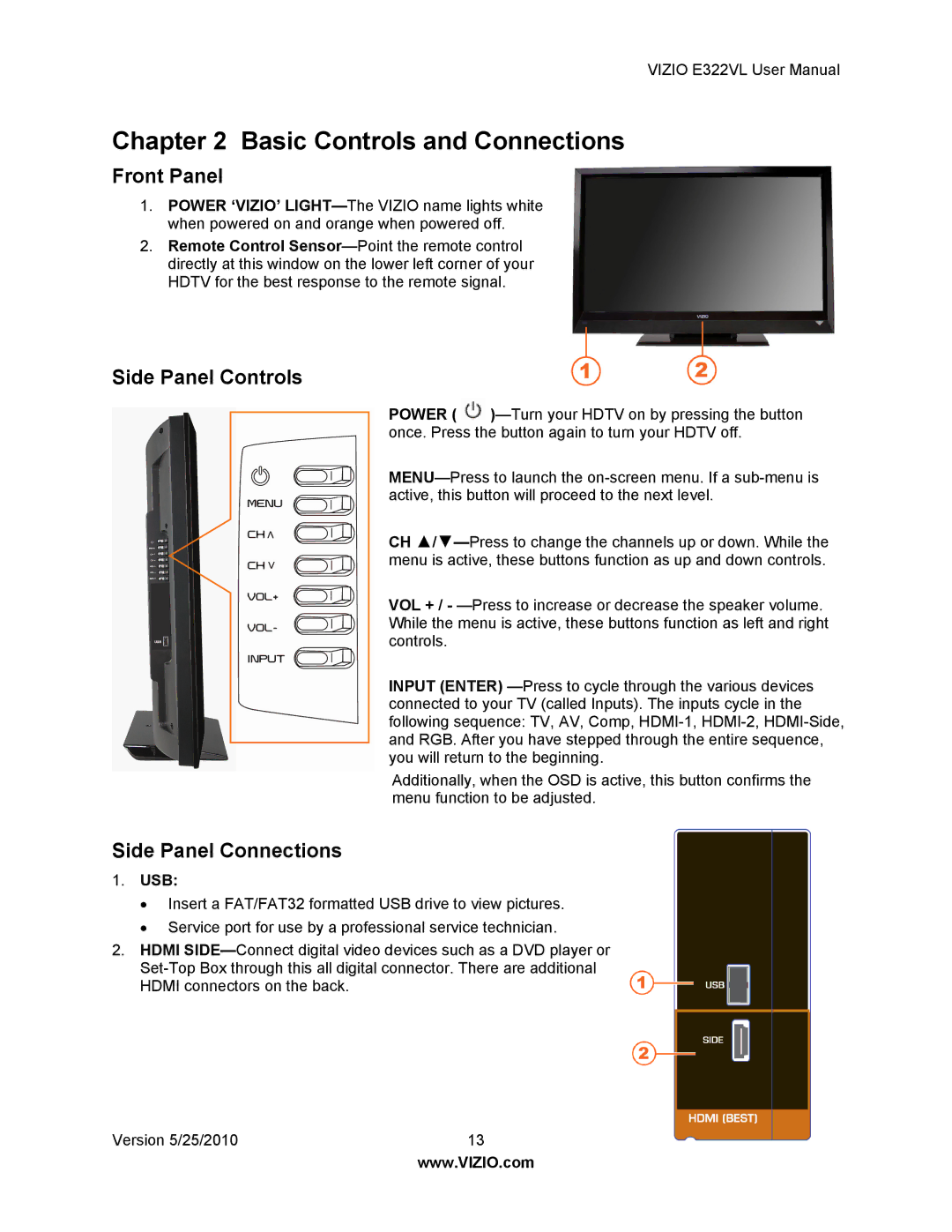 Vizio E322VL manual Basic Controls and Connections, Front Panel, Side Panel Controls, Side Panel Connections, Usb 