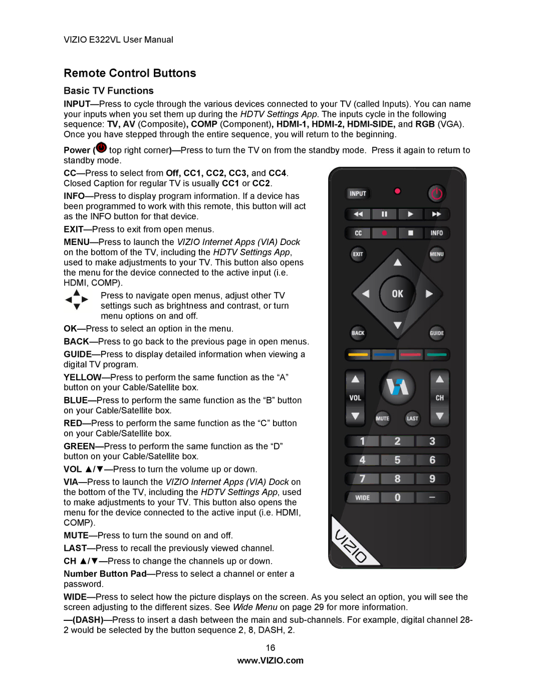 Vizio E322VL manual Remote Control Buttons, Basic TV Functions 