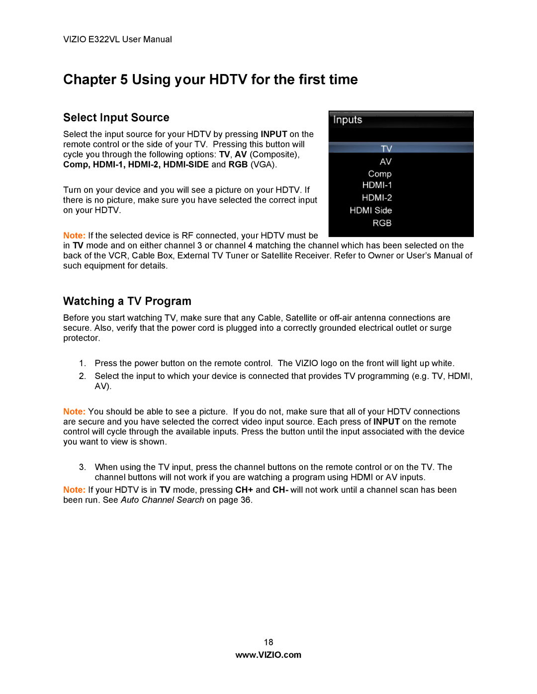 Vizio E322VL manual Using your Hdtv for the first time, Select Input Source, Watching a TV Program 