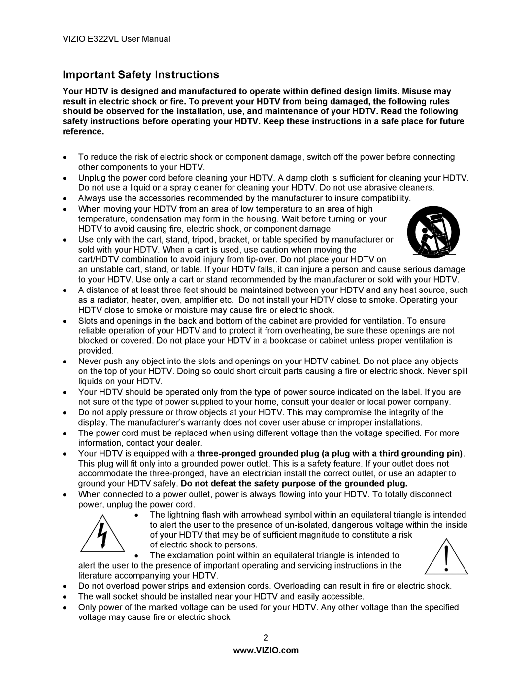 Vizio E322VL manual Important Safety Instructions 