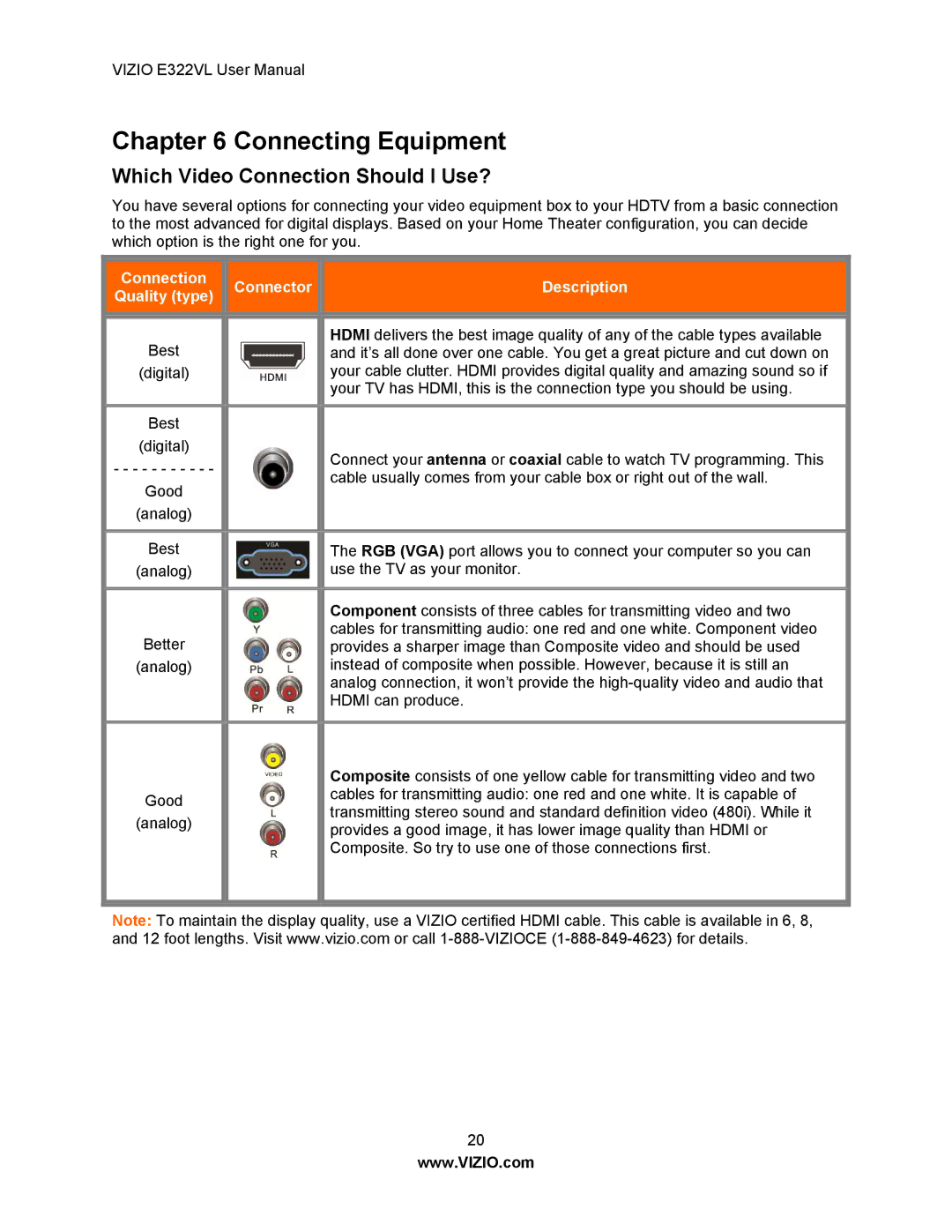 Vizio E322VL manual Connecting Equipment, Which Video Connection Should I Use? 