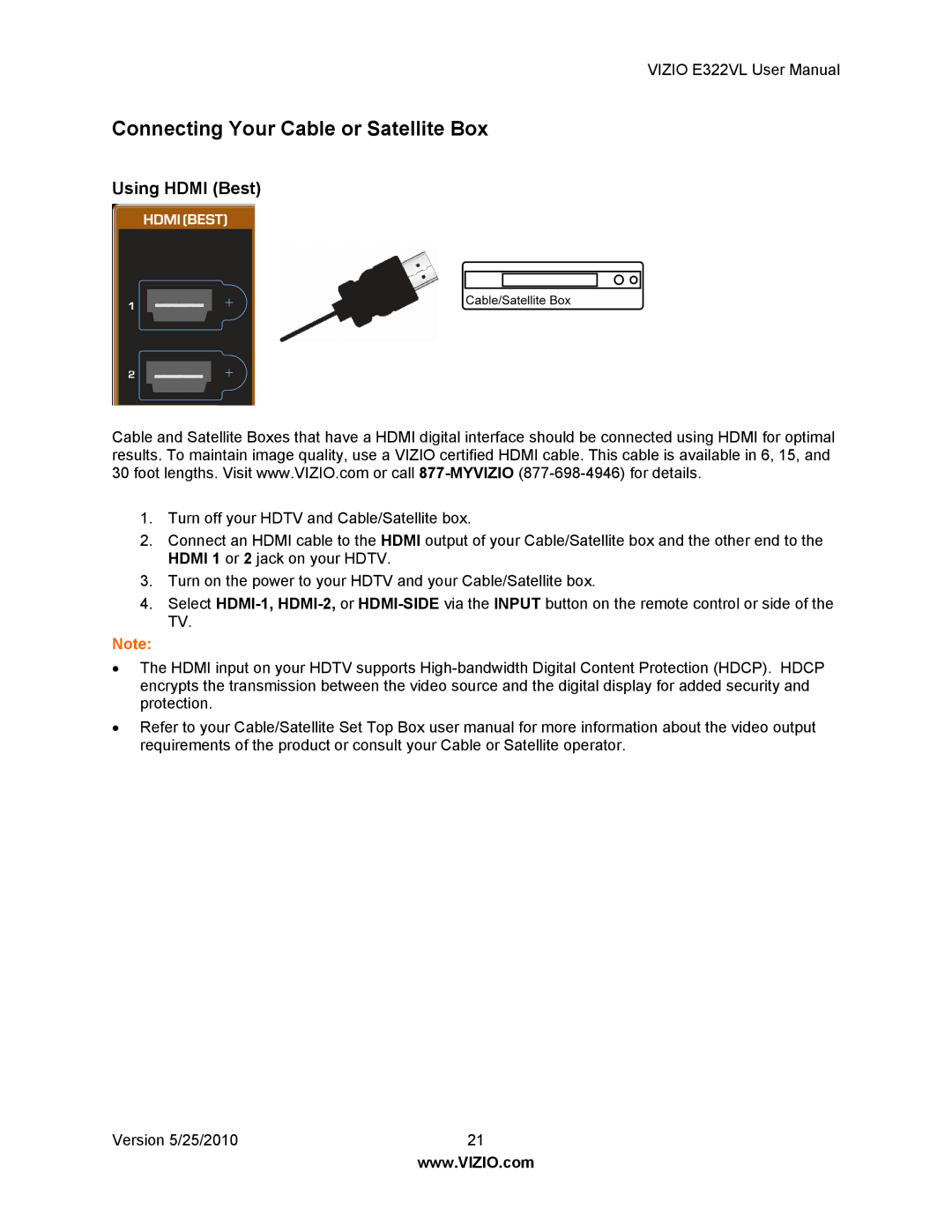 Vizio E322VL manual Connecting Your Cable or Satellite Box, Using Hdmi Best 