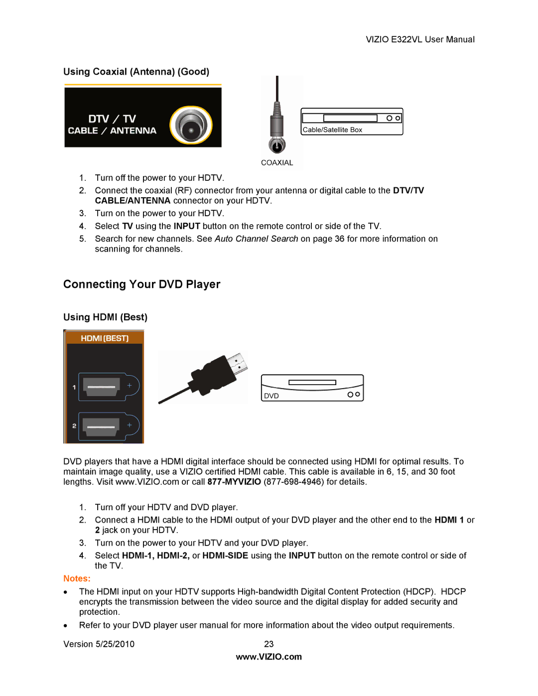 Vizio E322VL manual Connecting Your DVD Player, Using Coaxial Antenna Good 