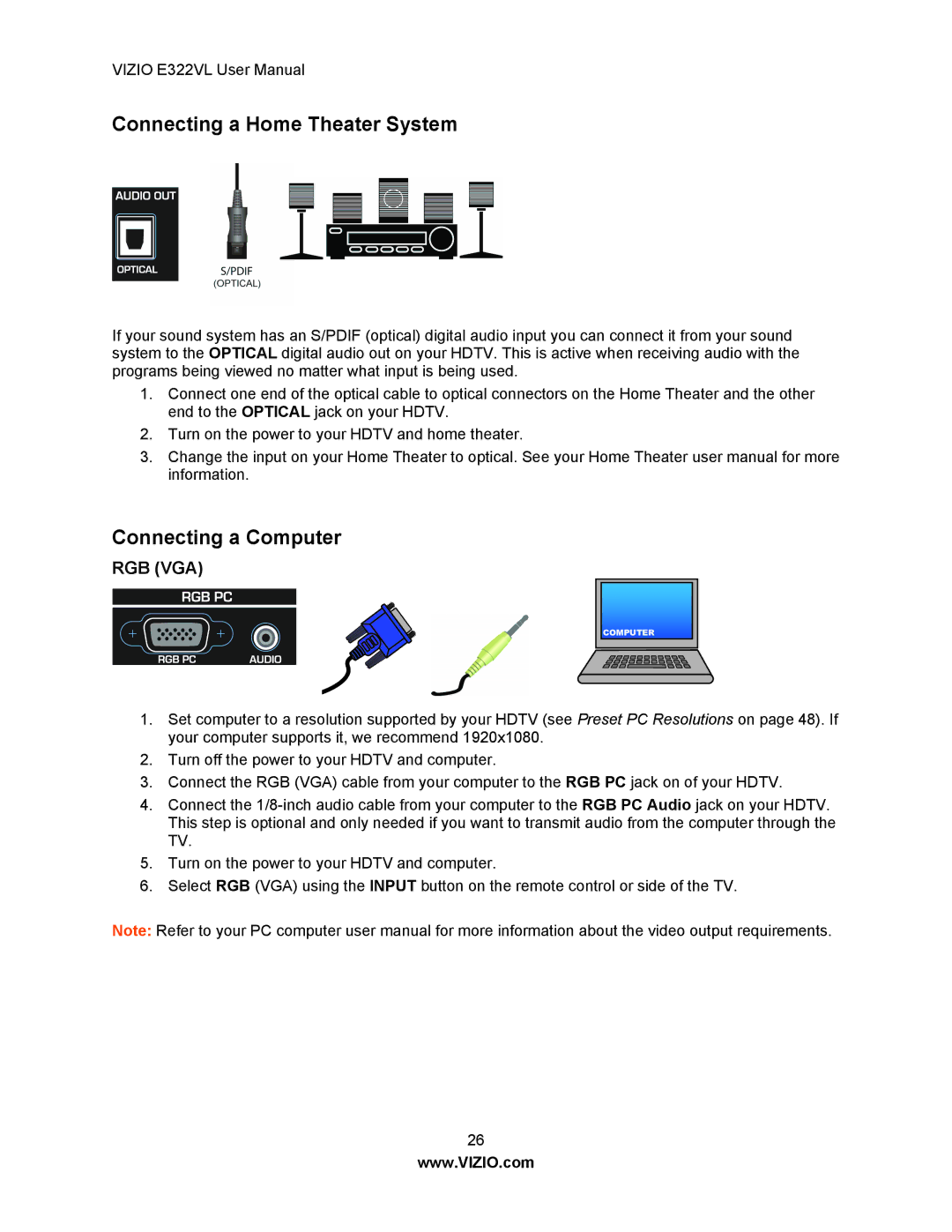 Vizio E322VL manual Connecting a Home Theater System, Connecting a Computer 