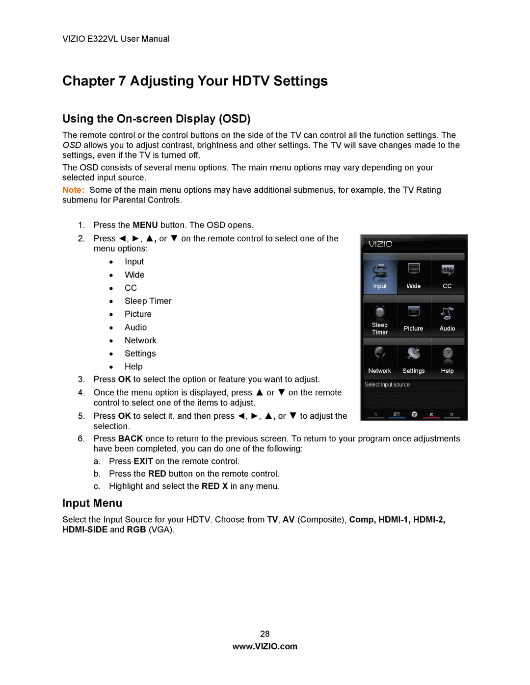 Vizio E322VL manual Adjusting Your Hdtv Settings, Using the On-screen Display OSD, Input Menu 