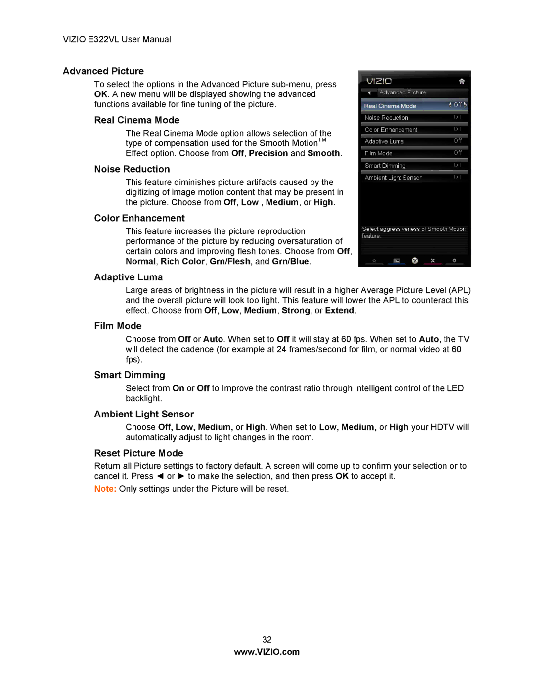 Vizio E322VL manual Advanced Picture, Real Cinema Mode, Noise Reduction, Color Enhancement, Adaptive Luma, Film Mode 