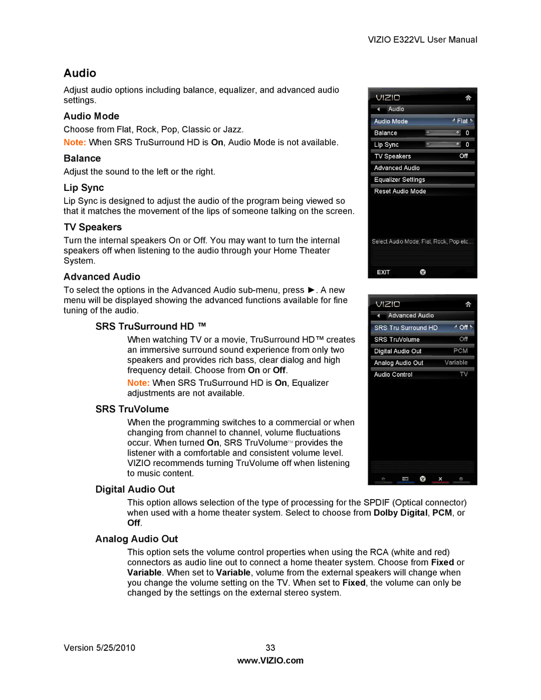 Vizio E322VL manual Audio 