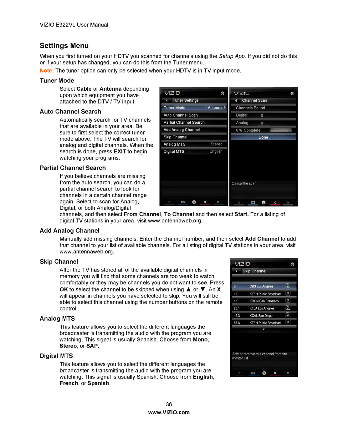 Vizio E322VL manual Settings Menu 