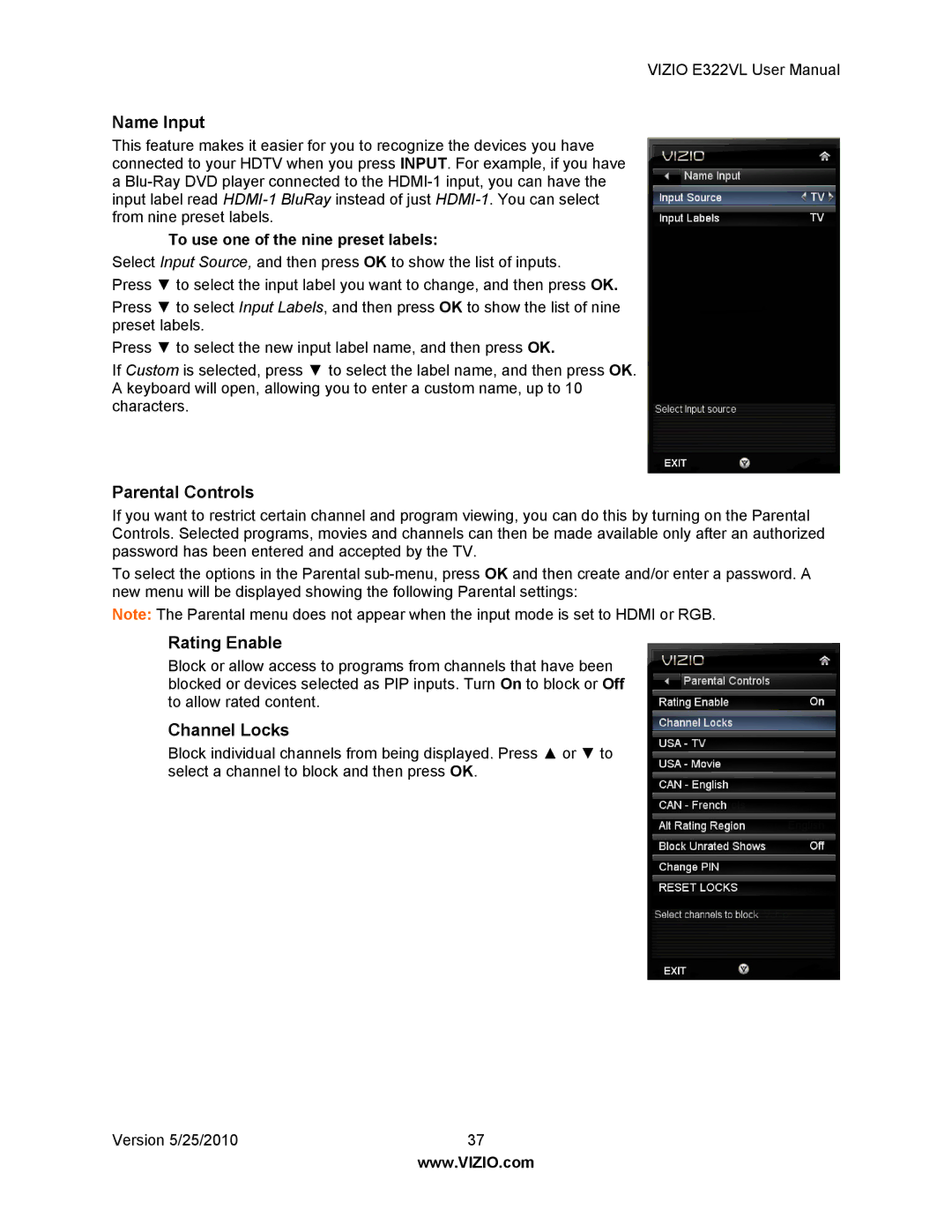 Vizio E322VL manual Name Input, Parental Controls, Rating Enable, Channel Locks, To use one of the nine preset labels 