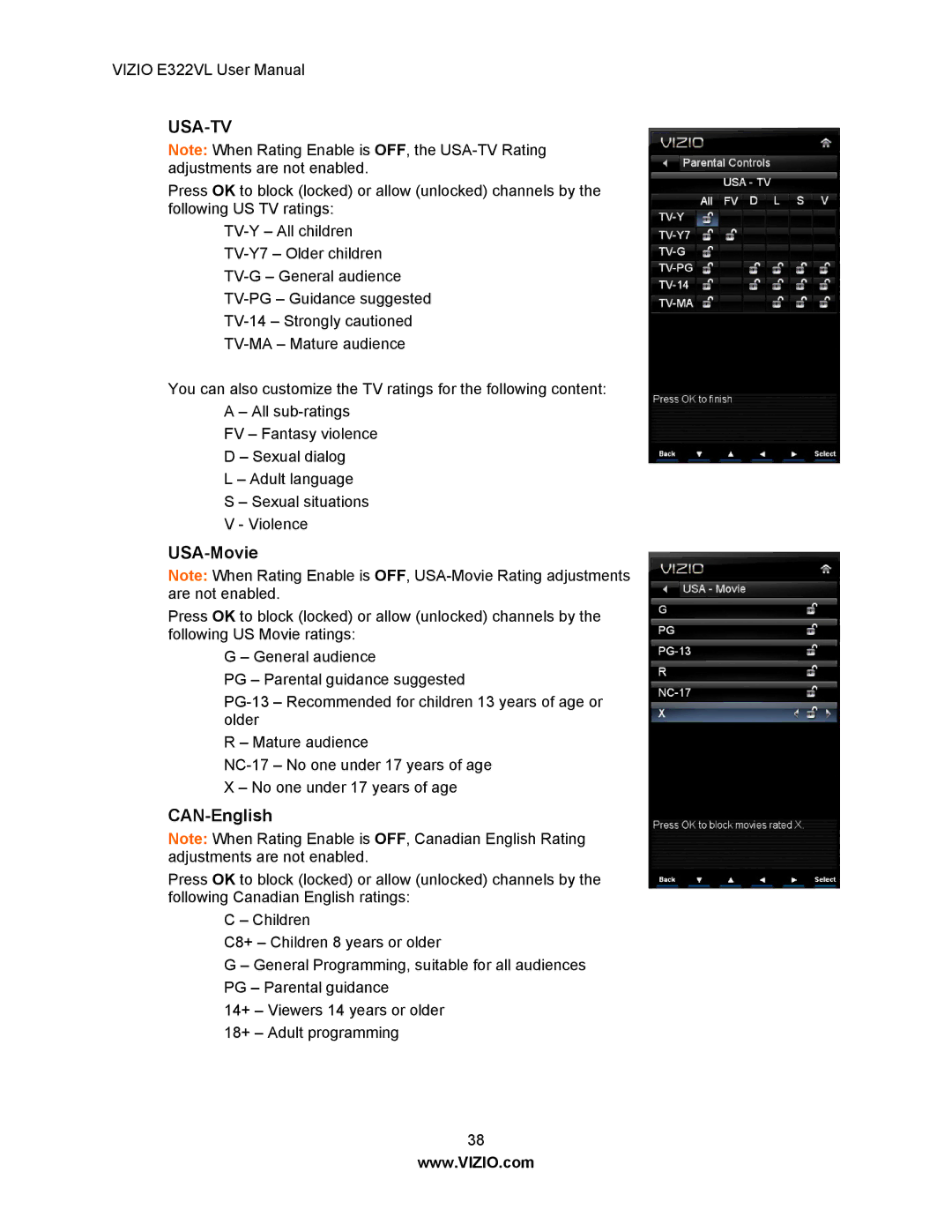 Vizio E322VL manual USA-Movie, CAN-English 