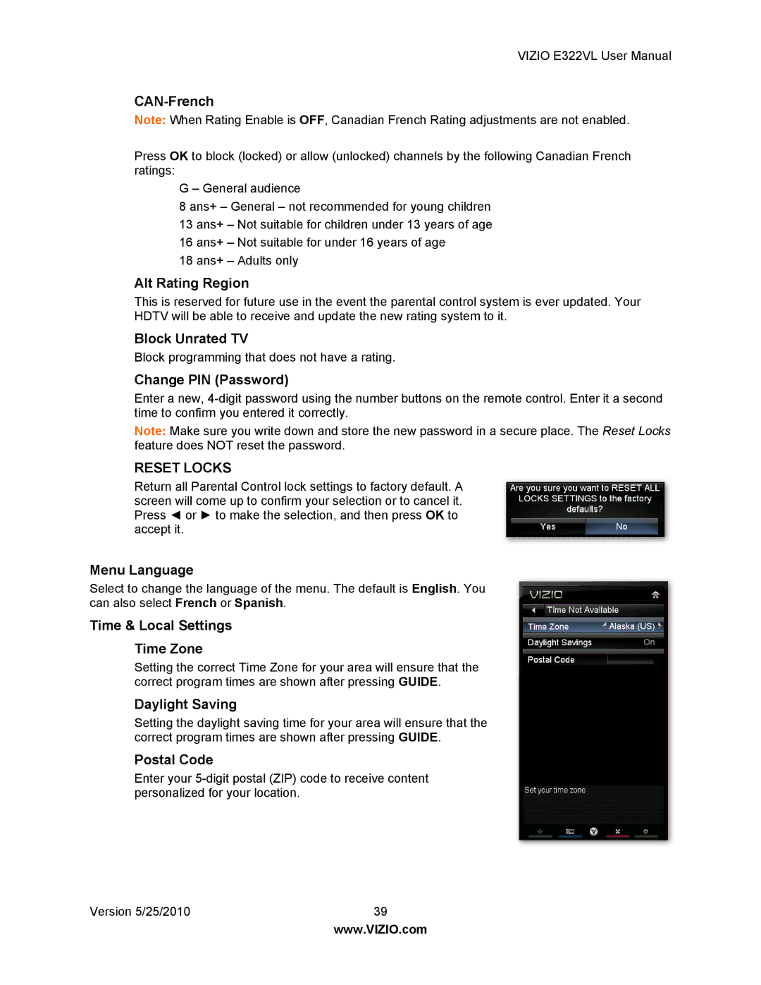 Vizio E322VL manual CAN-French, Alt Rating Region, Block Unrated TV, Change PIN Password, Menu Language, Daylight Saving 