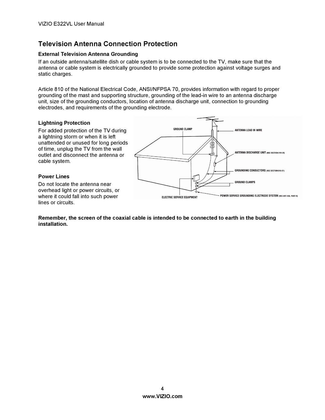 Vizio E322VL manual Television Antenna Connection Protection, External Television Antenna Grounding, Lightning Protection 