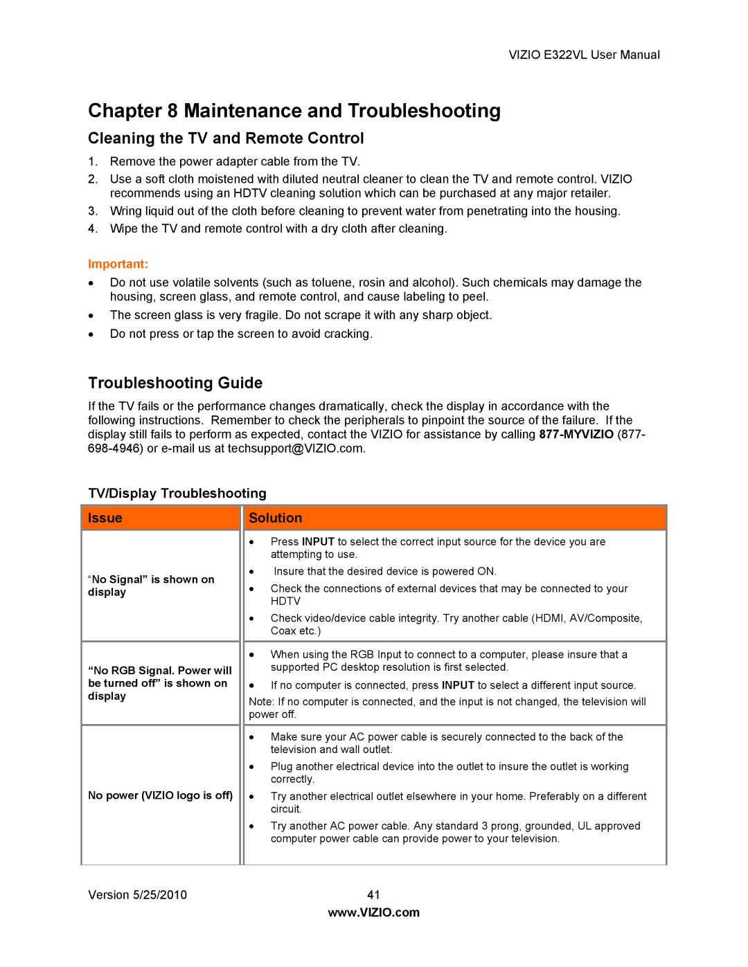 Vizio E322VL manual Maintenance and Troubleshooting, Cleaning the TV and Remote Control, Troubleshooting Guide 