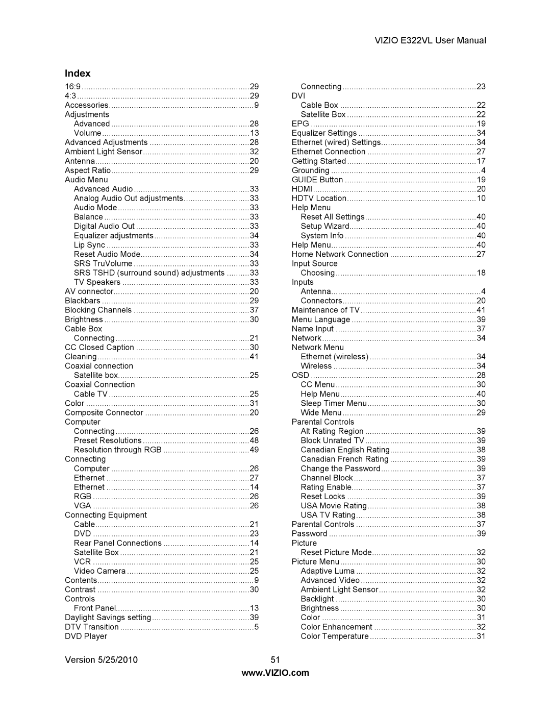 Vizio E322VL manual Index, Epg 