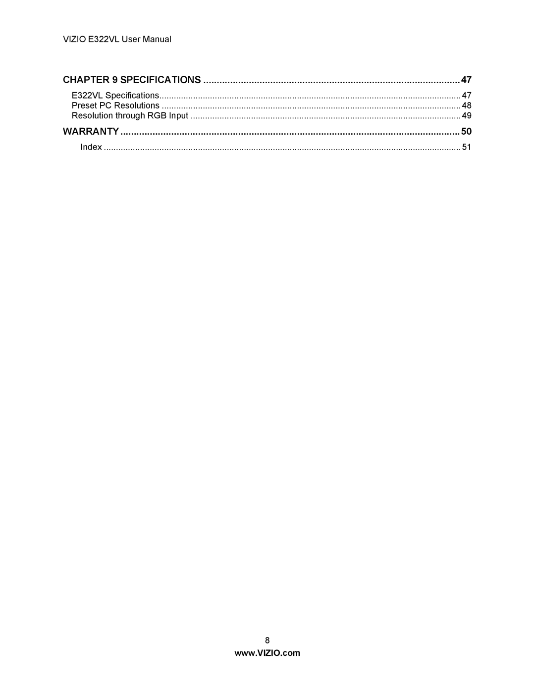 Vizio E322VL manual Specifications 