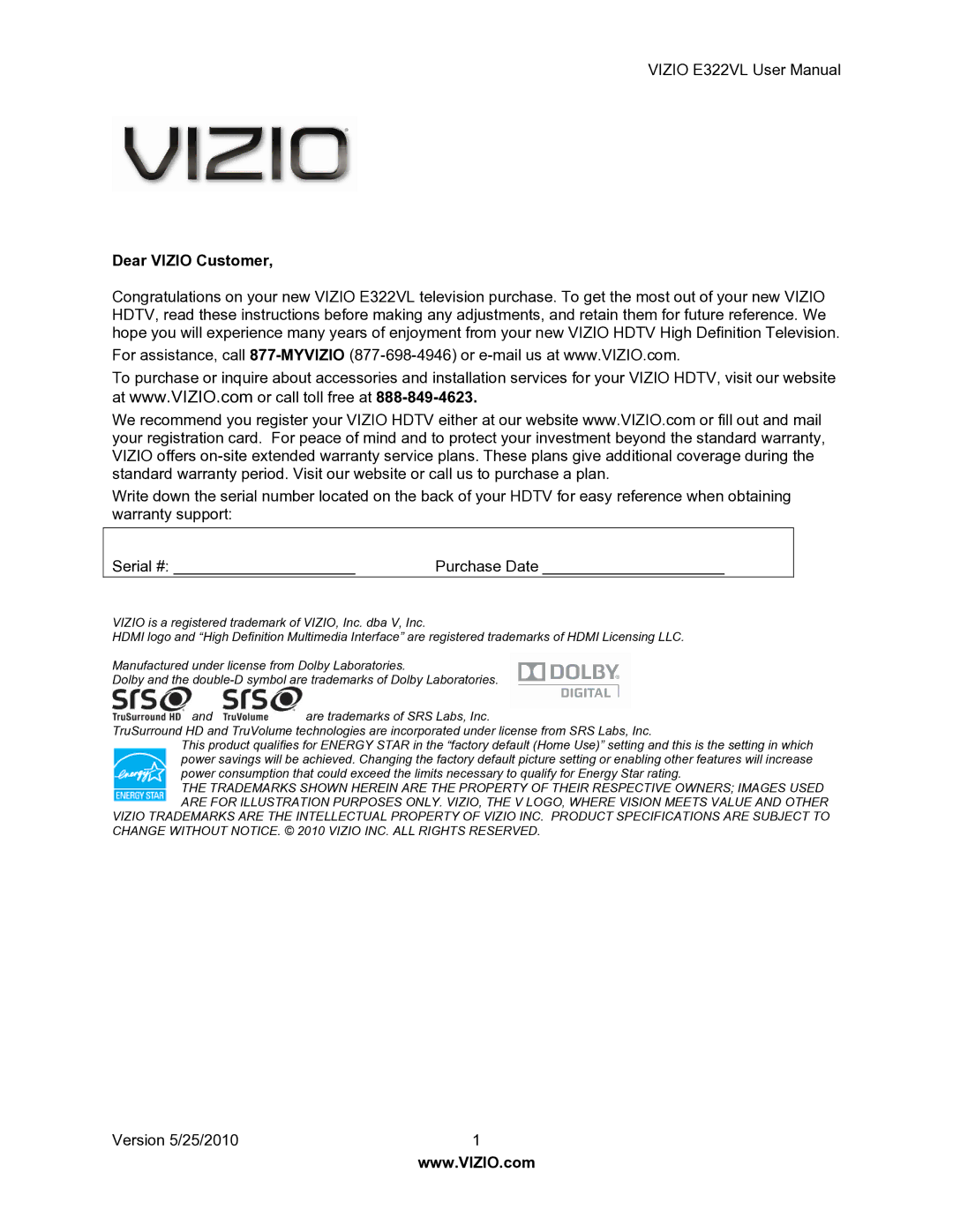 Vizio E322VL manual Dear Vizio Customer 