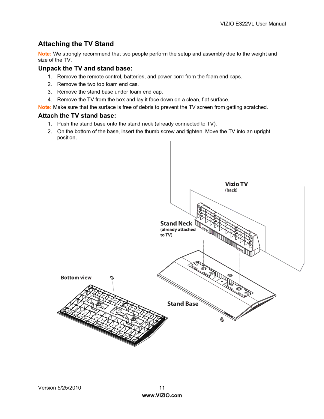 Vizio E322VL manual Attaching the TV Stand, Unpack the TV and stand base 