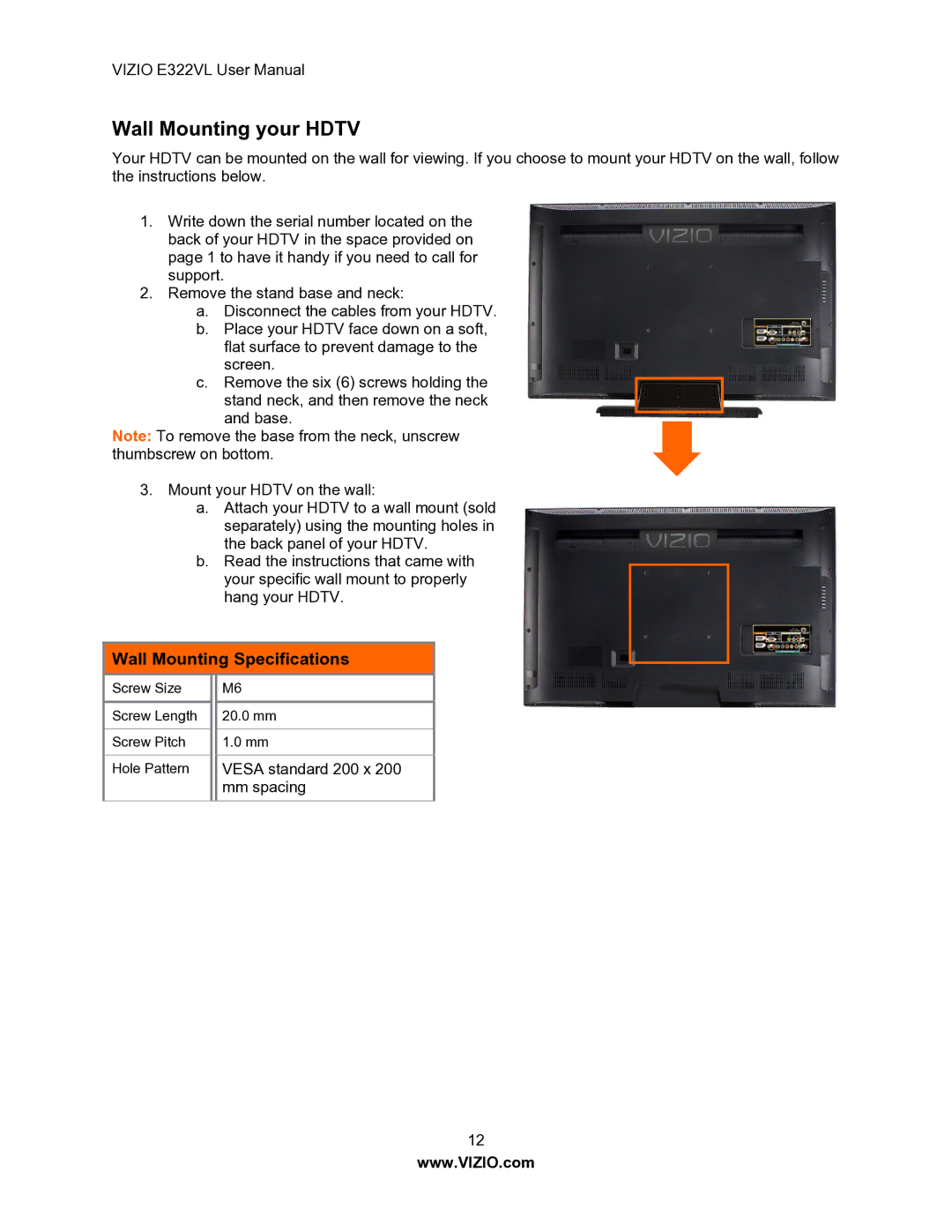 Vizio E322VL manual Wall Mounting your Hdtv, Wall Mounting Specifications 