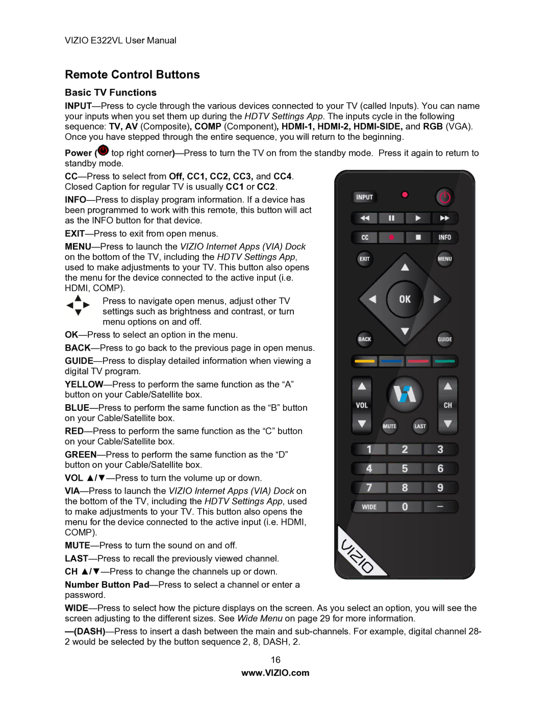 Vizio E322VL manual Remote Control Buttons, Basic TV Functions 