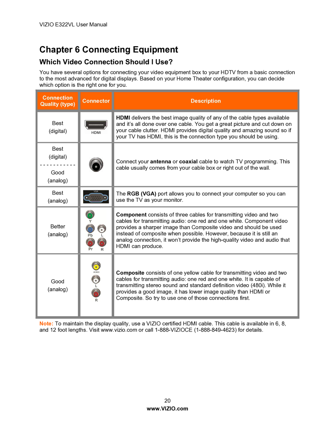 Vizio E322VL manual Connecting Equipment, Which Video Connection Should I Use? 