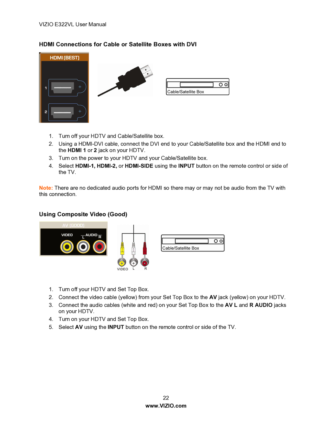 Vizio E322VL manual Hdmi Connections for Cable or Satellite Boxes with DVI, Using Composite Video Good 