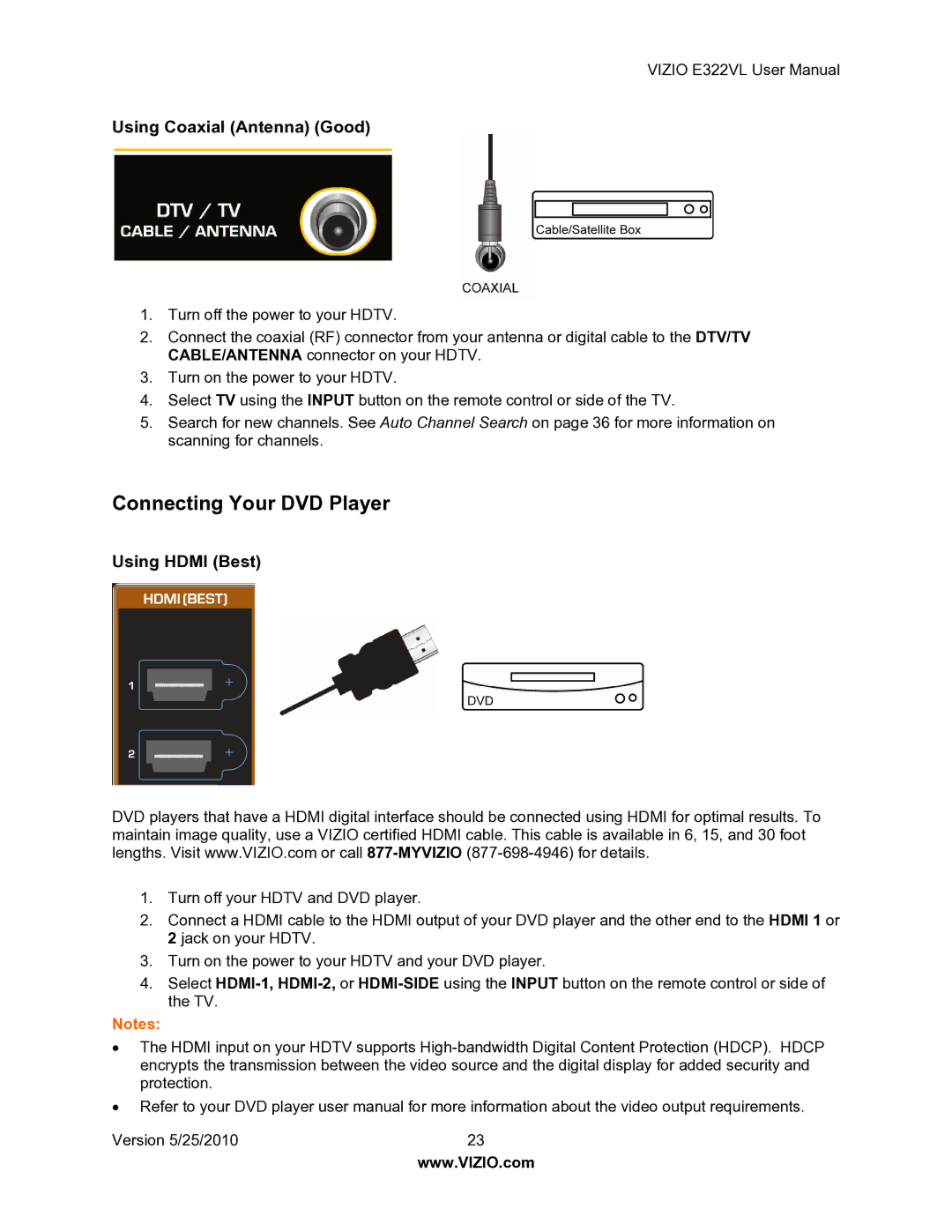 Vizio E322VL manual Connecting Your DVD Player, Using Coaxial Antenna Good 