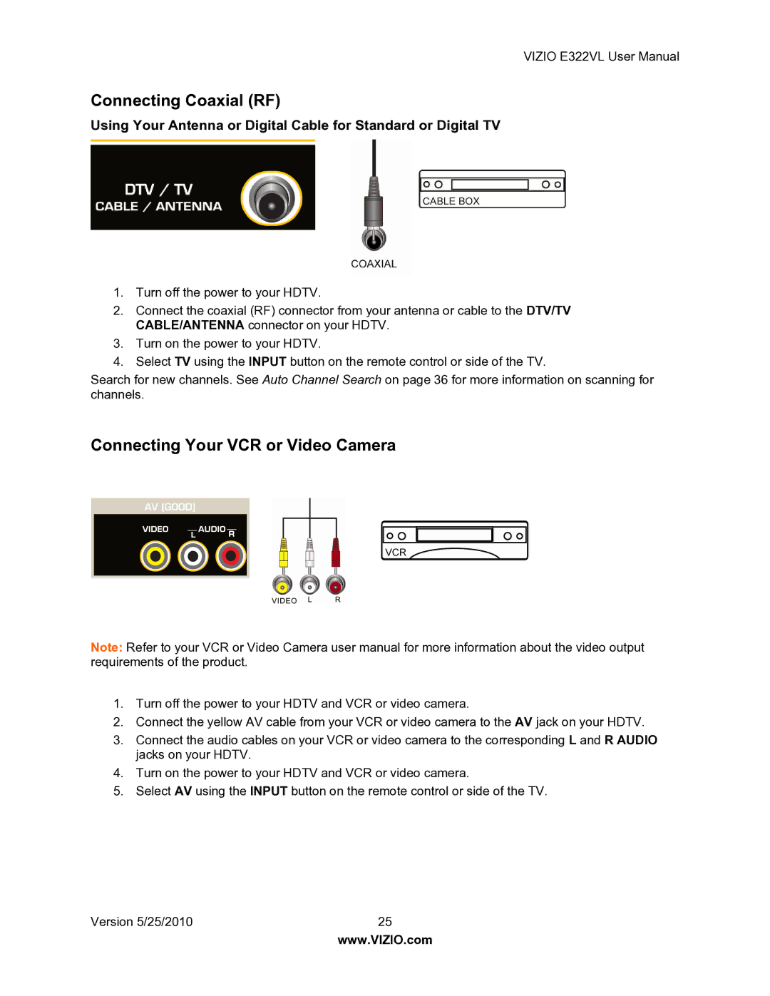 Vizio E322VL manual Connecting Coaxial RF, Connecting Your VCR or Video Camera 