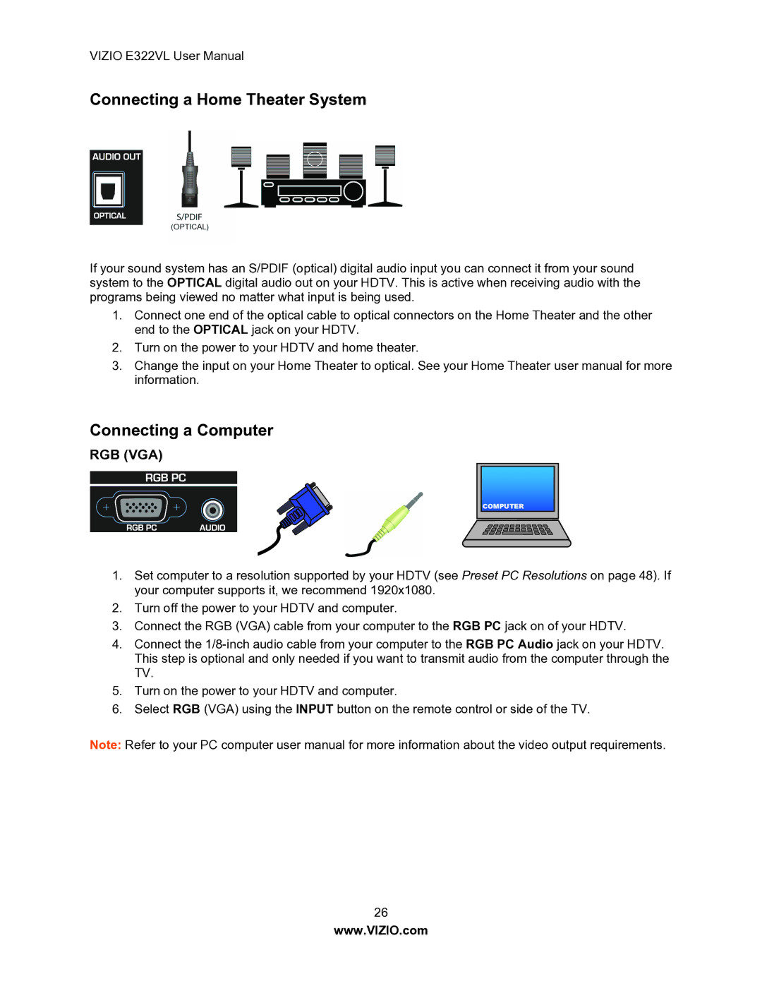 Vizio E322VL manual Connecting a Home Theater System, Connecting a Computer 