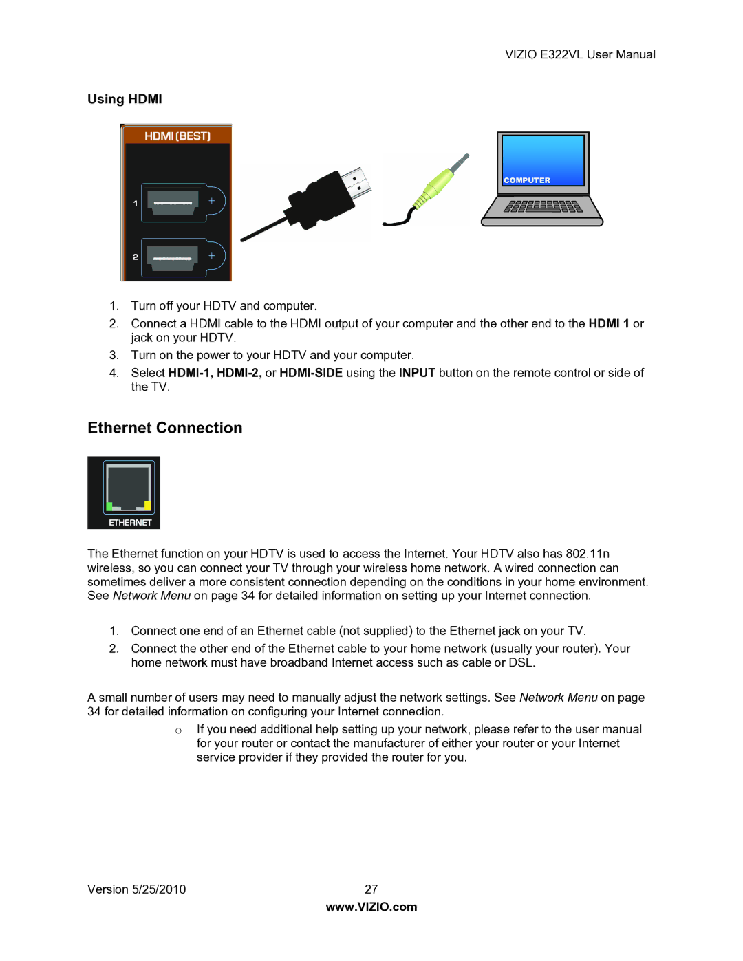 Vizio E322VL manual Ethernet Connection, Using Hdmi 