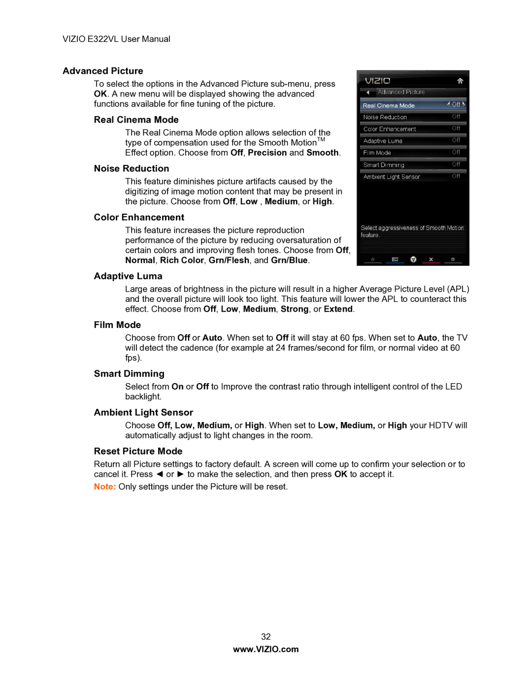 Vizio E322VL manual Advanced Picture, Real Cinema Mode, Noise Reduction, Color Enhancement, Adaptive Luma, Film Mode 