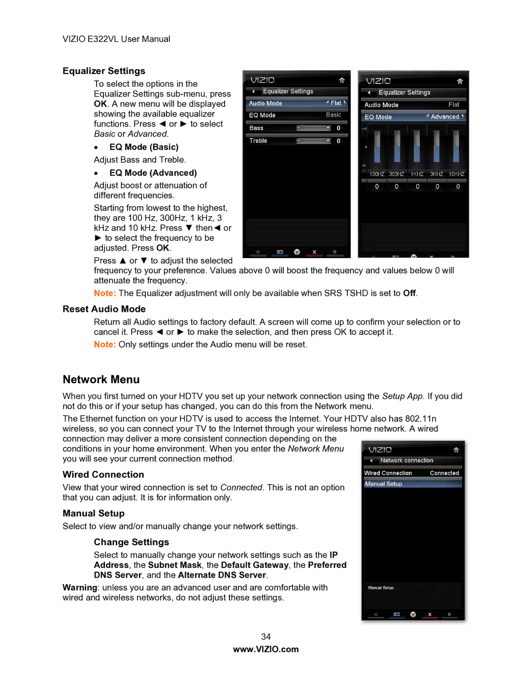 Vizio E322VL manual Network Menu 