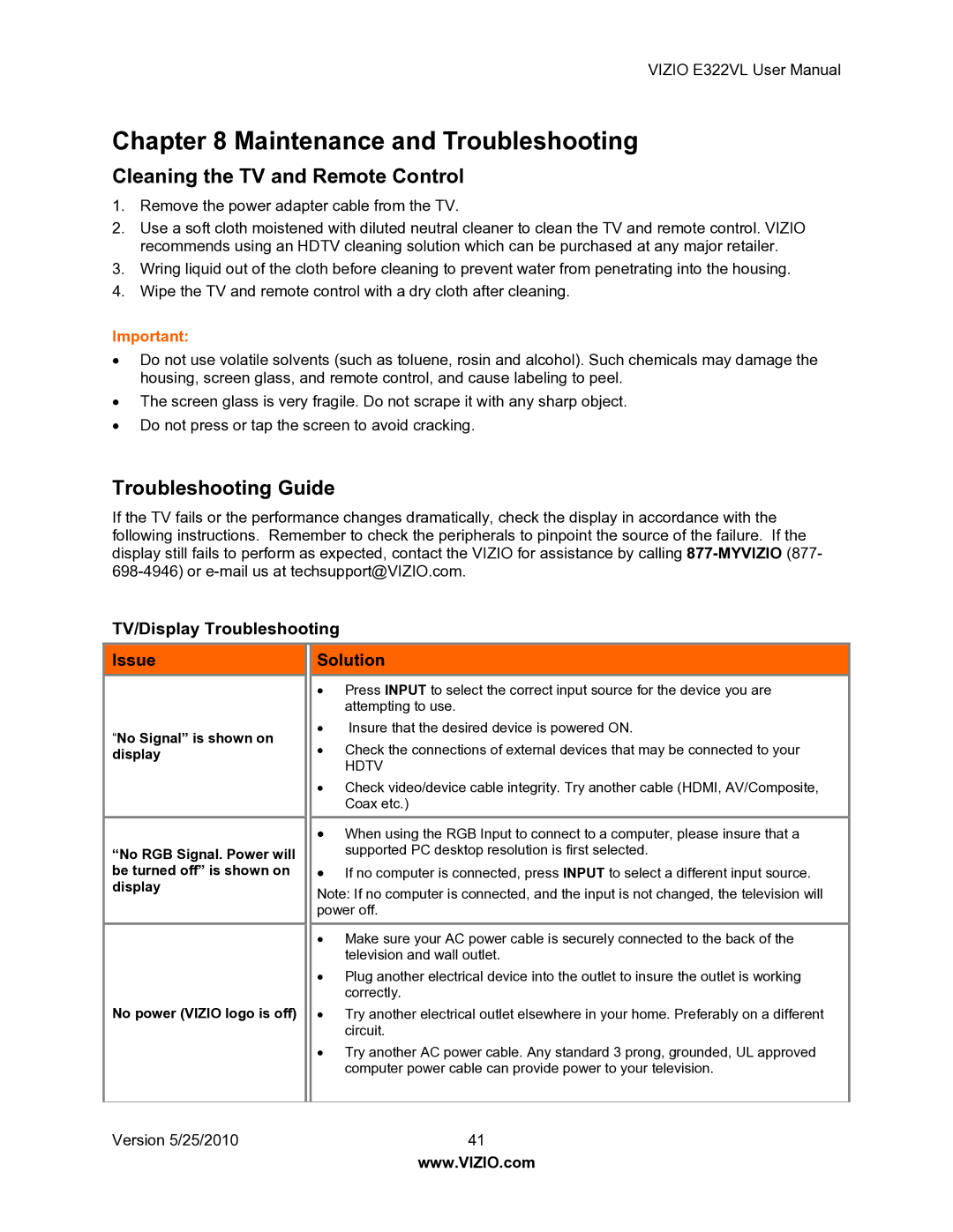 Vizio E322VL manual Maintenance and Troubleshooting, Cleaning the TV and Remote Control, Troubleshooting Guide 