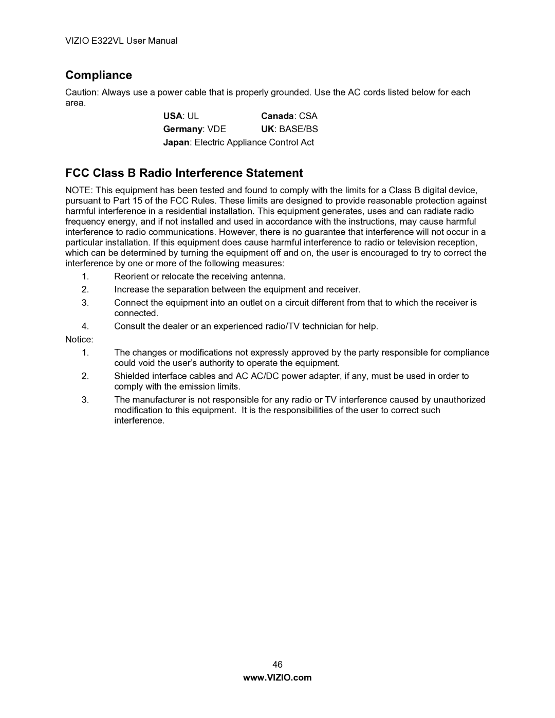 Vizio E322VL manual Compliance, FCC Class B Radio Interference Statement 