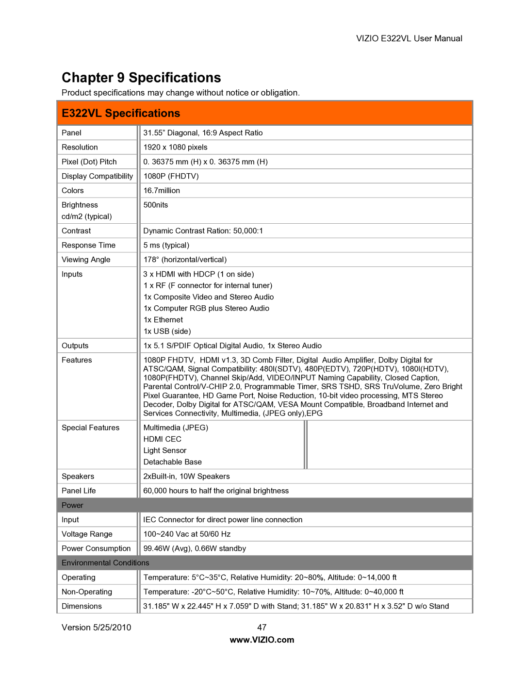 Vizio manual E322VL Specifications 