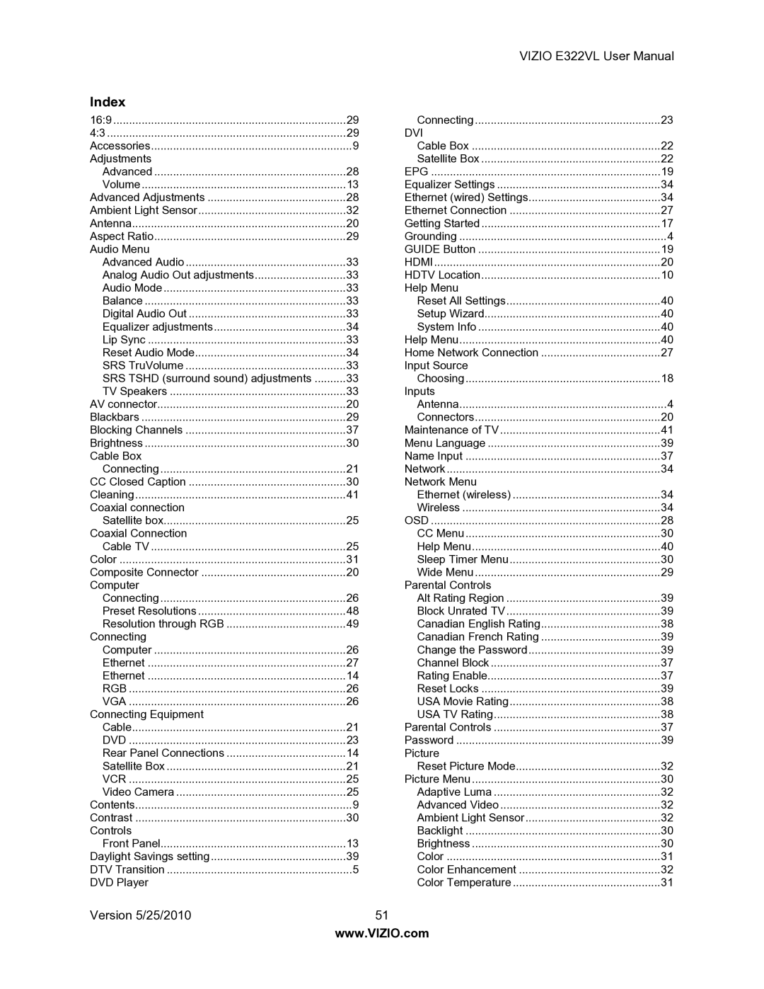 Vizio E322VL manual Index, Epg 