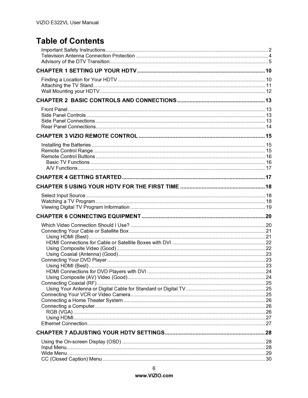 Vizio E322VL manual Table of Contents 