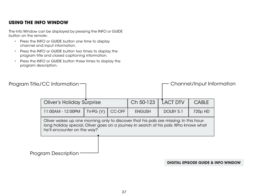 Vizio E320-A0, E370-A0, E370A0, E320A0 user manual Lact DTV Cable, Using the Info Window 