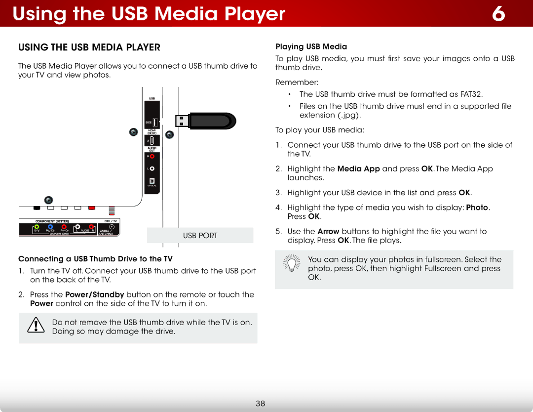 Vizio E370-A0, E370A0, E320A0, E320-A0 user manual Using the USB Media Player, USB Port 