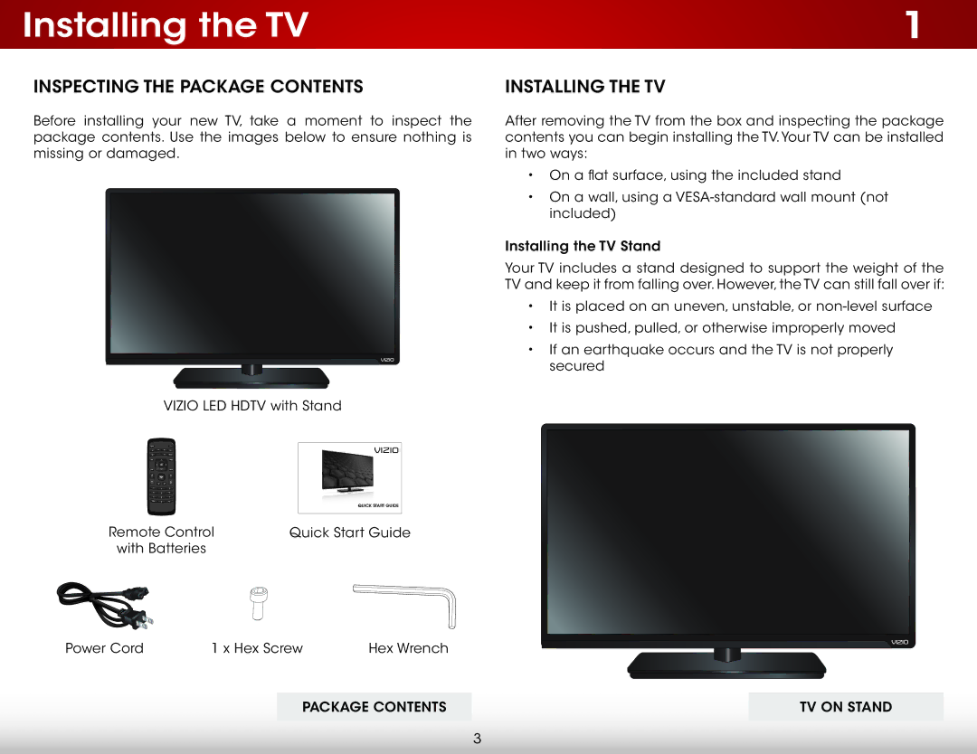 Vizio E370A0, E370-A0, E320A0, E320-A0 user manual Installing the TV, Inspecting the Package Contents 