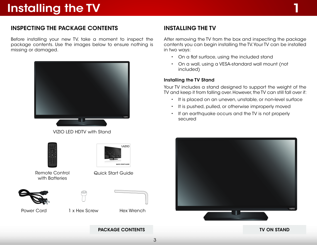 Vizio E370A0, E370-A0, E320A0, E320-A0 user manual Installing the TV, Inspecting the Package Contents, Vizio 