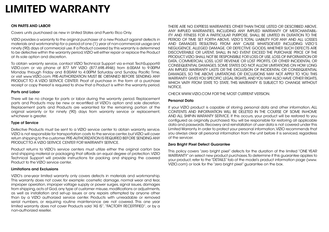 Vizio E370-A0 manual Limited Warranty, On Parts and Labor 