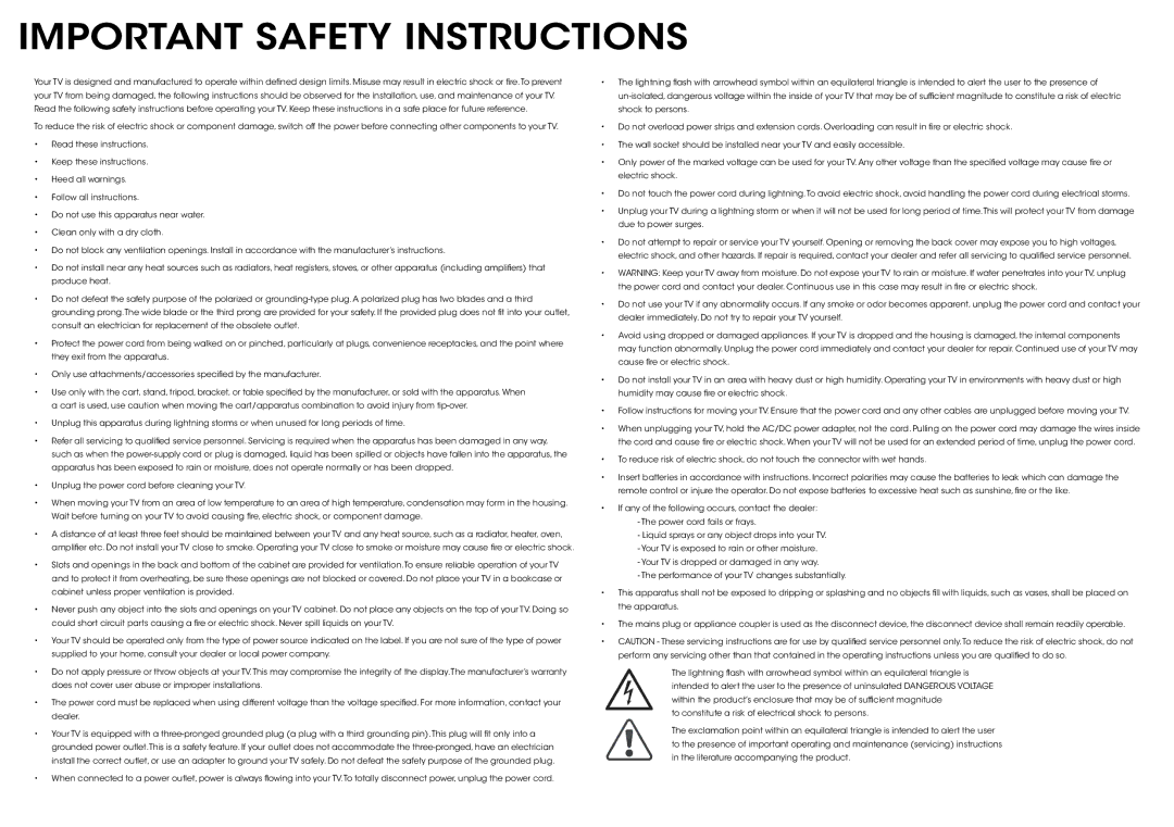 Vizio E370-A0 manual Important Safety Instructions 