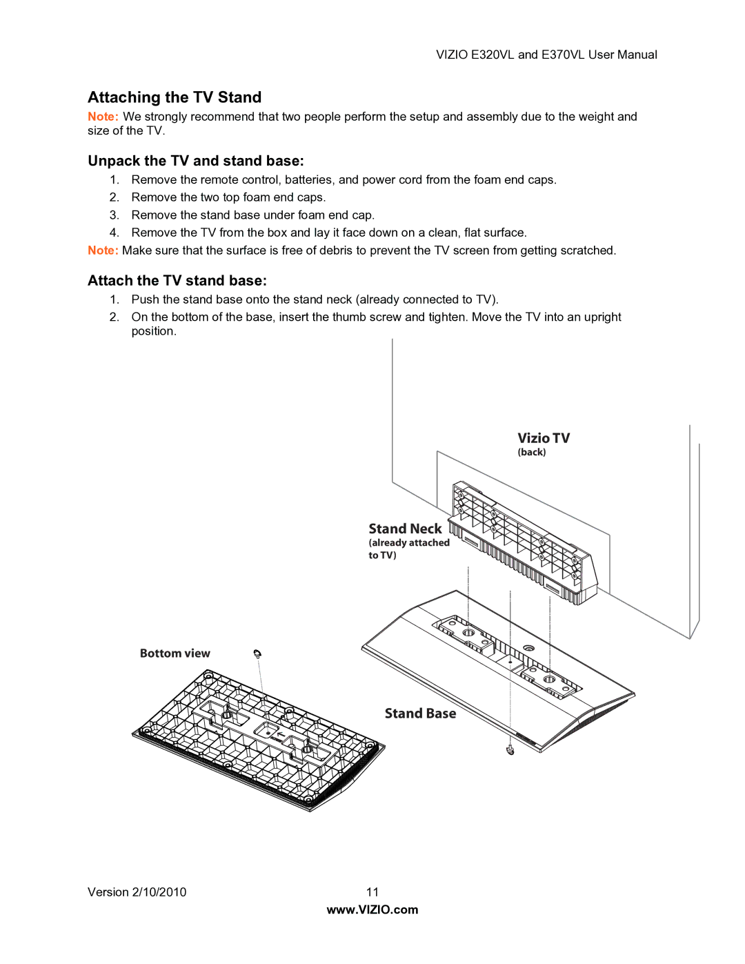 Vizio E320VL, E370VL user manual Attaching the TV Stand, Unpack the TV and stand base 