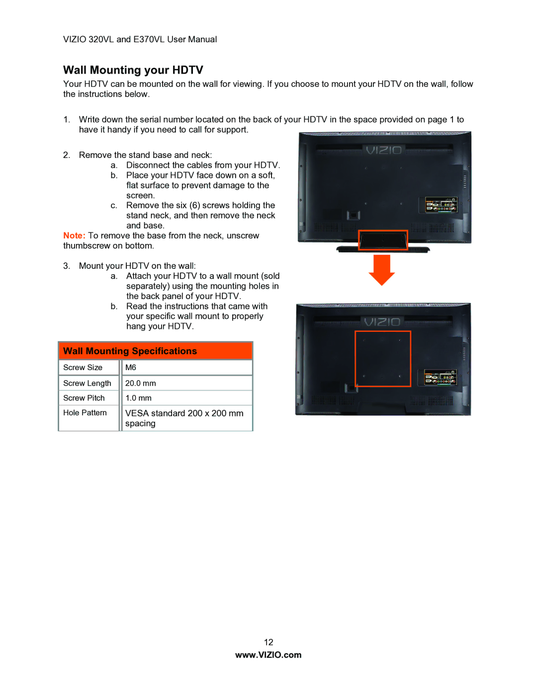 Vizio E370VL, E320VL user manual Wall Mounting your Hdtv, Wall Mounting Specifications 