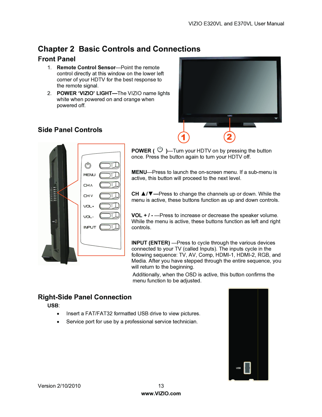 Vizio E320VL, E370VL user manual Front Panel, Side Panel Controls, Right-Side Panel Connection 