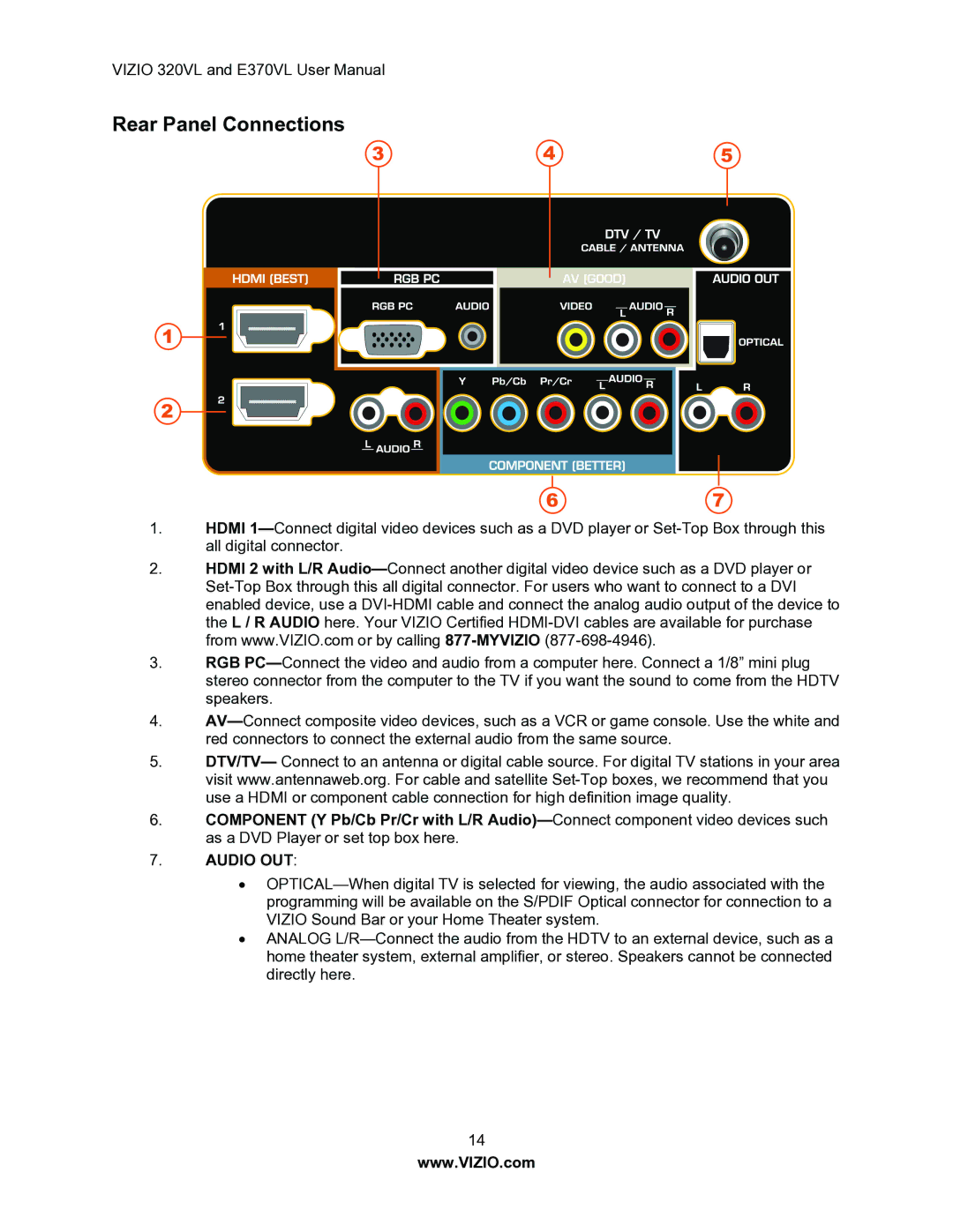 Vizio E370VL, E320VL user manual Rear Panel Connections, Audio OUT 